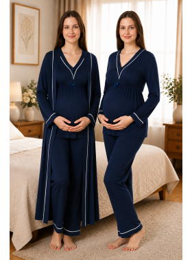Effortt 4054 Lacivert Biye Detaylı Sabahlıklı Lohusa Pijama Takımı